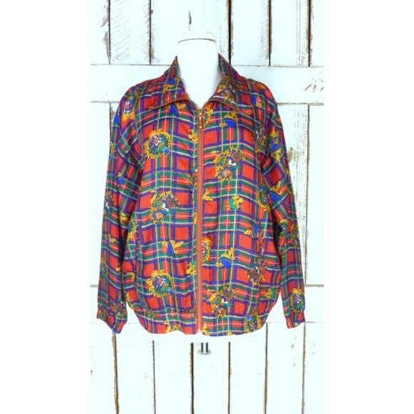 Vintage red blue checker plaid crest medallion print silk windbreaker - Picture 2 of 6
